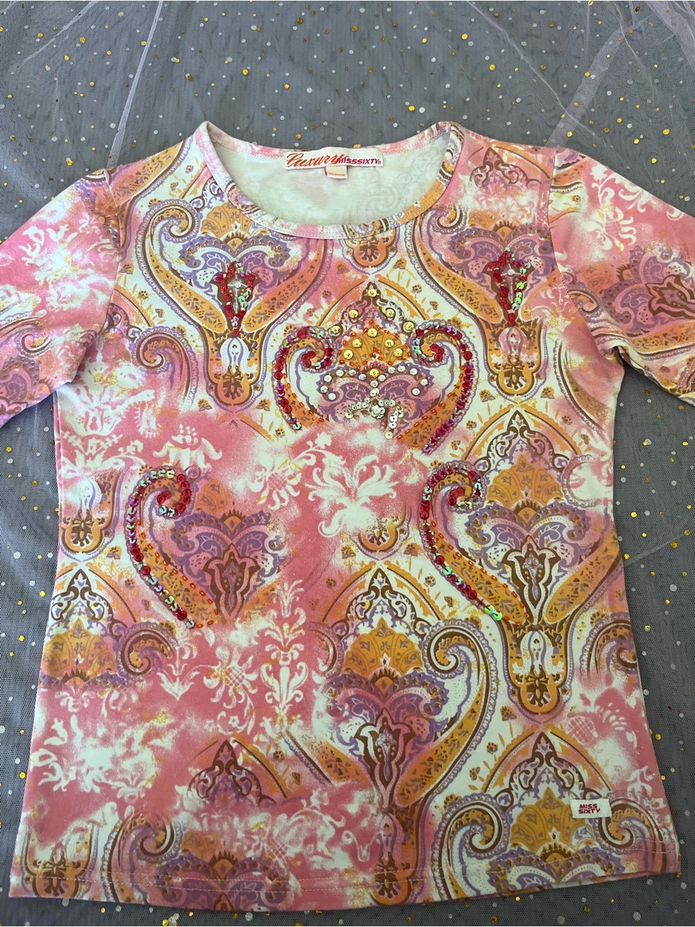 Y2K Miss Sixty Pink Sequin Short Sleeve Top